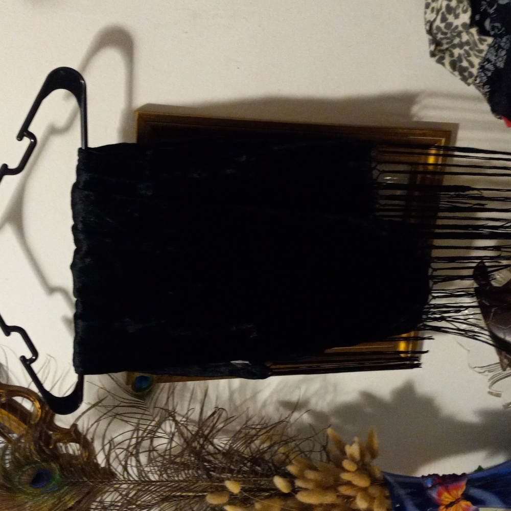Black velvet feel 57" long has fringe hanging 8 1/2" beautiful shall